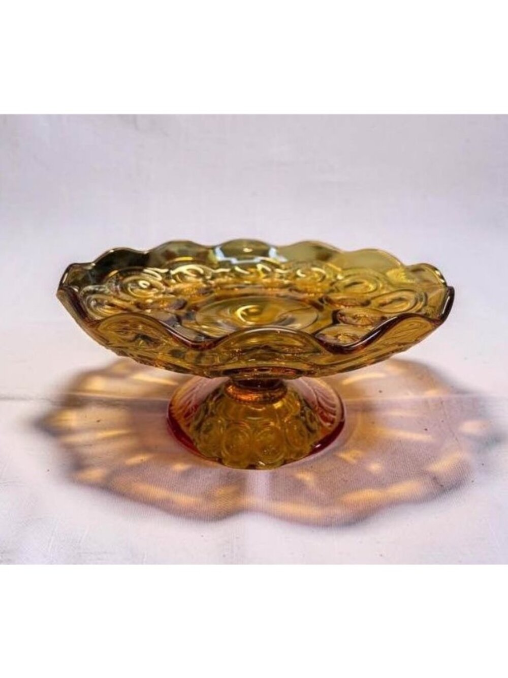 LE Smith Moon and Stars Amber Glass Pedestal Compote Dish With Scalloped Edge  V - Picture 3 of 7